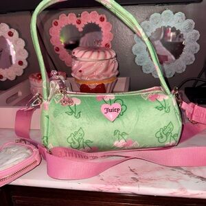 Juicy Couture RETRO Cherry Green Velvet Mini Barrel Bag with Pink Accents